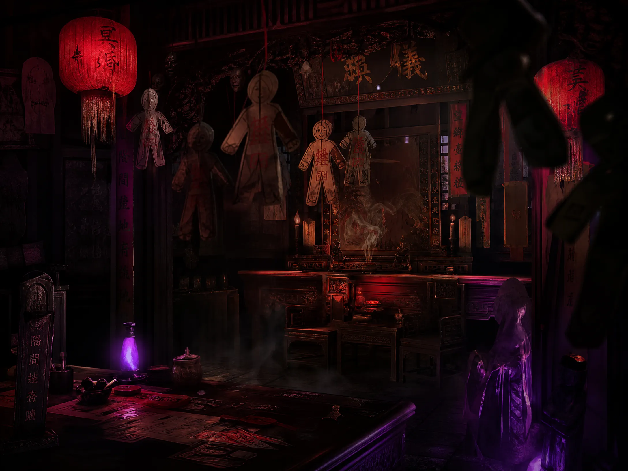 中式微恐密室场景：纸人古宅